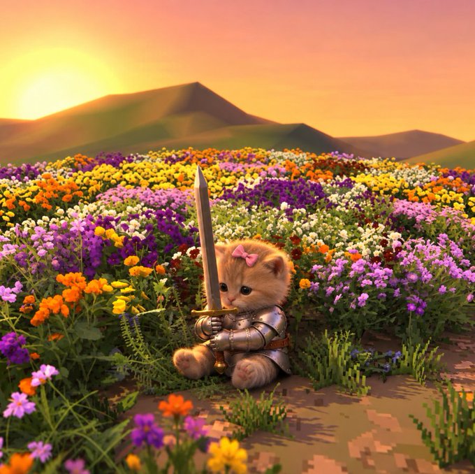 Swordcat stands ready with a glowing sword at sunset