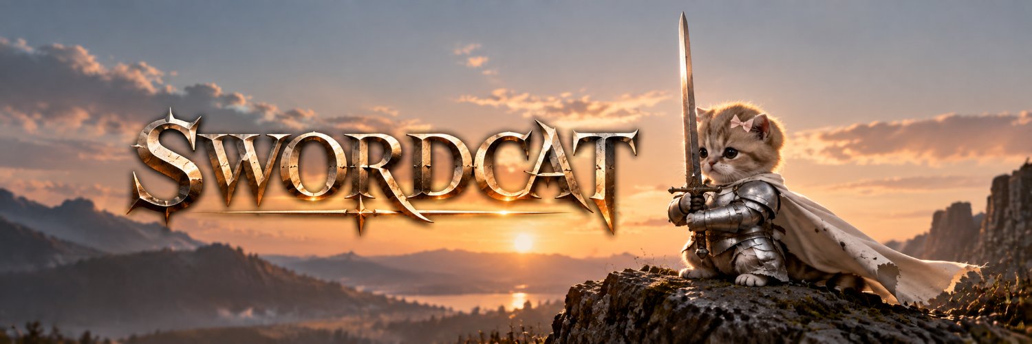 Swordcat banner: an armored kitten stands ready with its sword