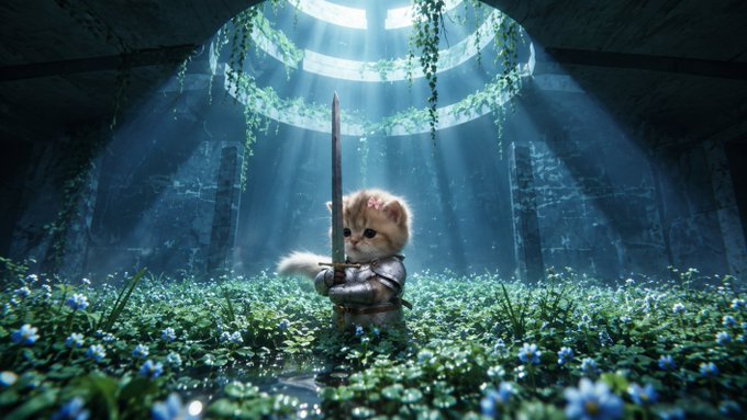 An armored inu holding a giant glowing sword